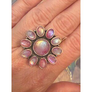 Pink Moonstone Sterling Silver Floral Statement Ring Size 10